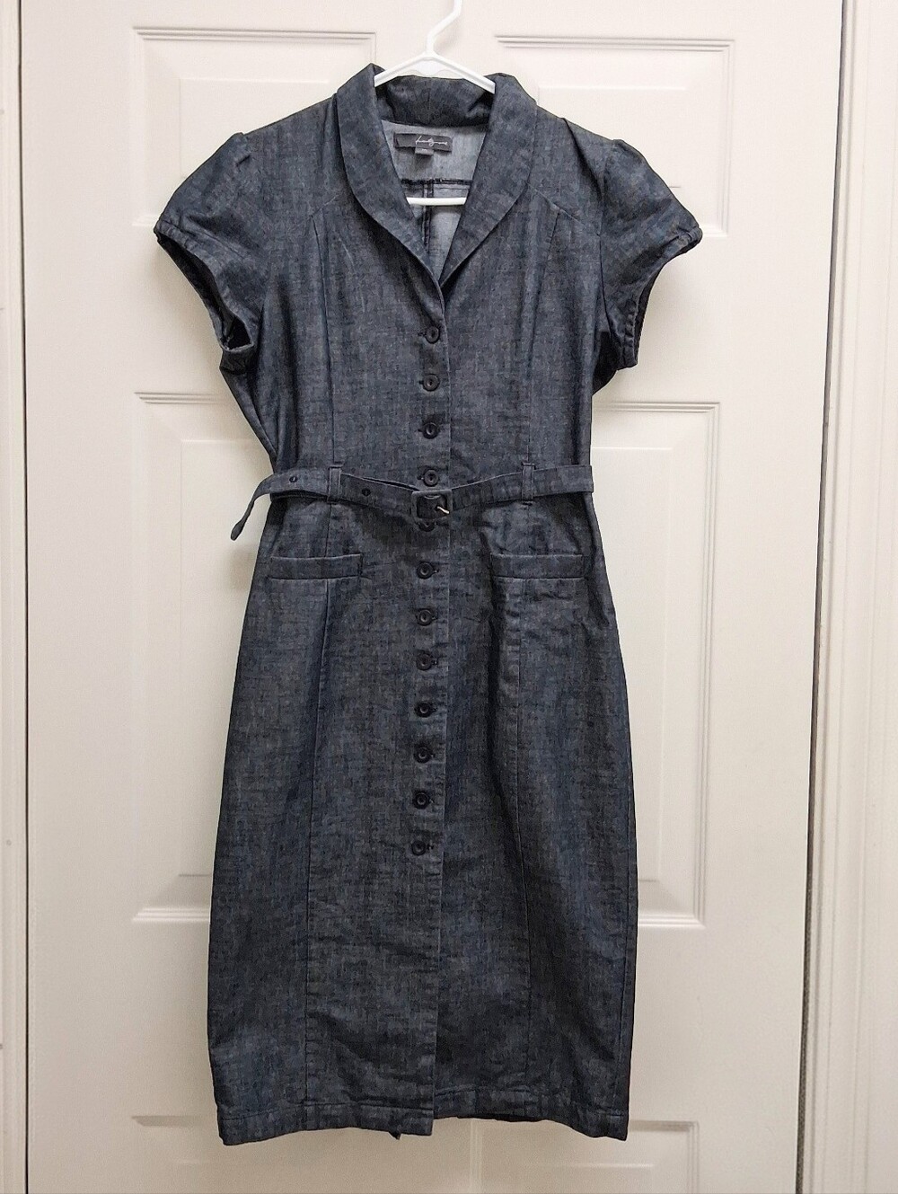 VTG Style Denim Midi Pencil Shirtdress Dark Wash Medium Rockabilly Retro Belt